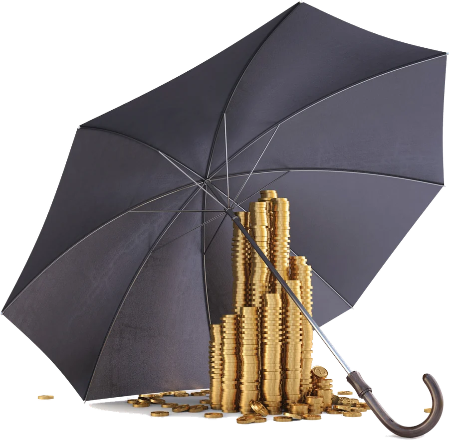 A dark umbrella sheltering a tall stack of gold coins