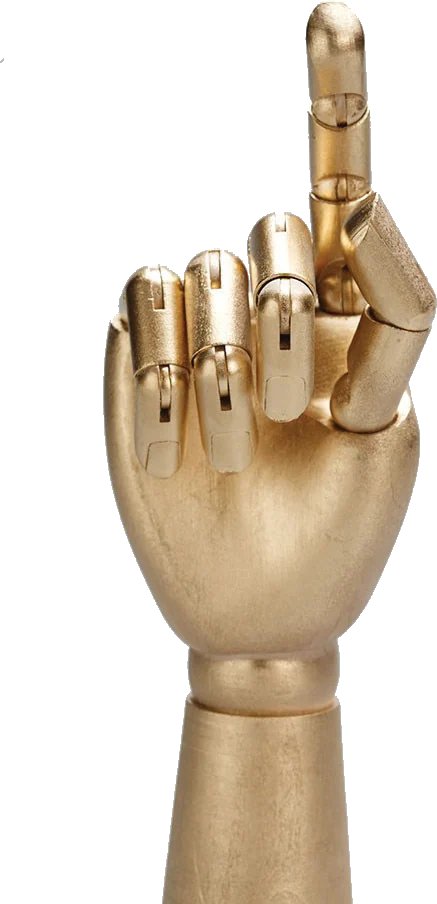 A golden wooden hand pointing upward