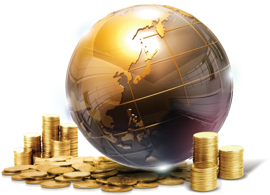A golden globe resting among stacks of gold coins