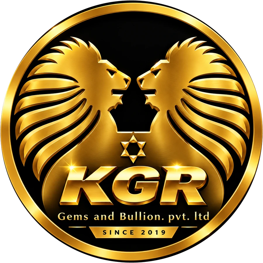 KGR Gems and Bullion Pvt. Ltd. emblem: two golden lions facing each other above the KGR lettering